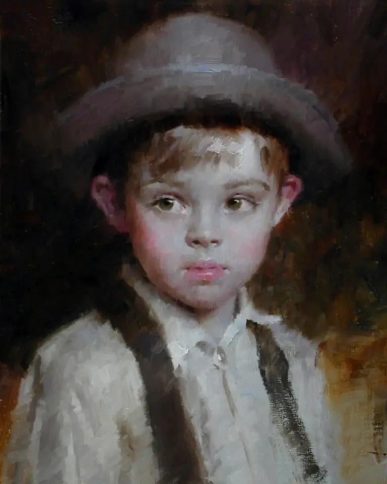 Portrete la comandă – portret în ulei al unui băiețel cu pălărie, pictură personalizată realizată manual