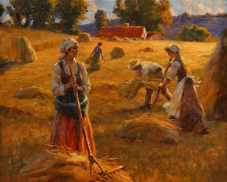 Tablou rustic pictat manual – scene de la câmp cu femei adunând grâu