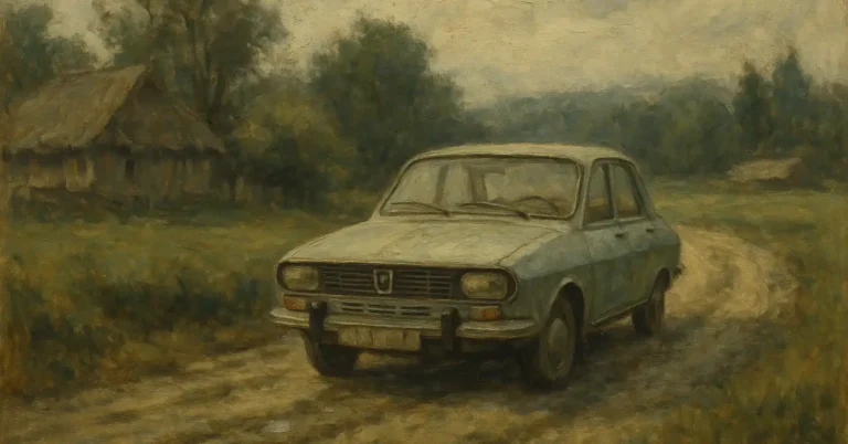 Tablou la comandă personalizat, pictat în ulei, reprezentând o Dacia clasică pe un drum de țară – parte din colecția de tablouri personalizate