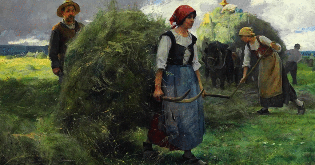 Tablou rustic pictat manual, scenă de câmp cu țărani la strâns fân – parte din colecția de tablouri rustice de vânzare