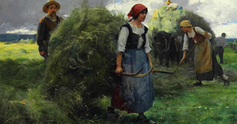 Tablou rustic pictat manual, scenă de câmp cu țărani la strâns fân – parte din colecția de tablouri rustice de vânzare